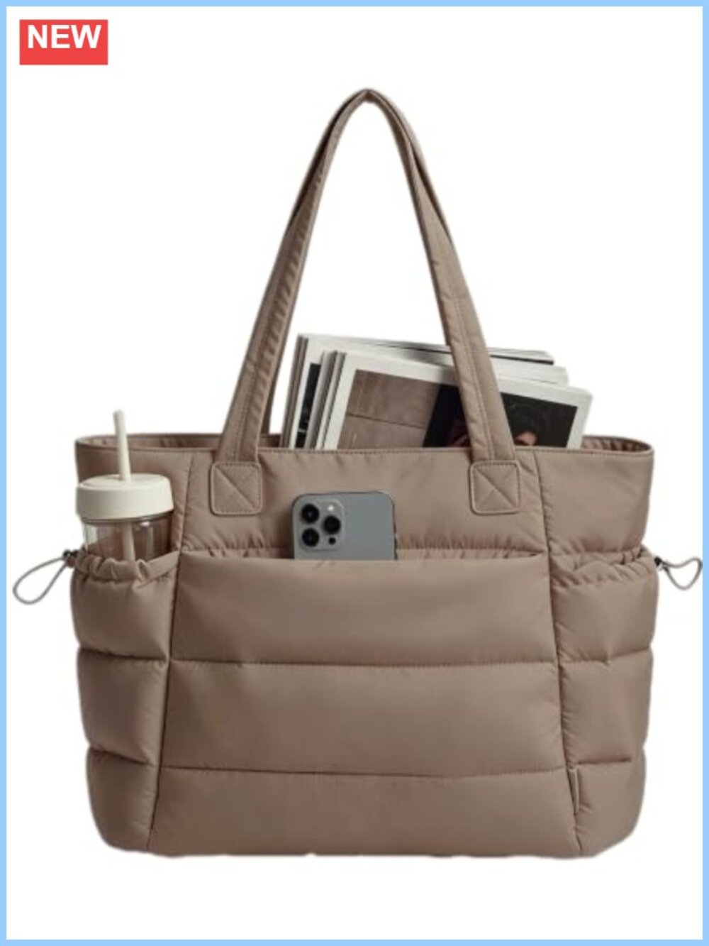 Quilted Puffer Tote Bag with Zipper Large Laptop Work Travel Tote